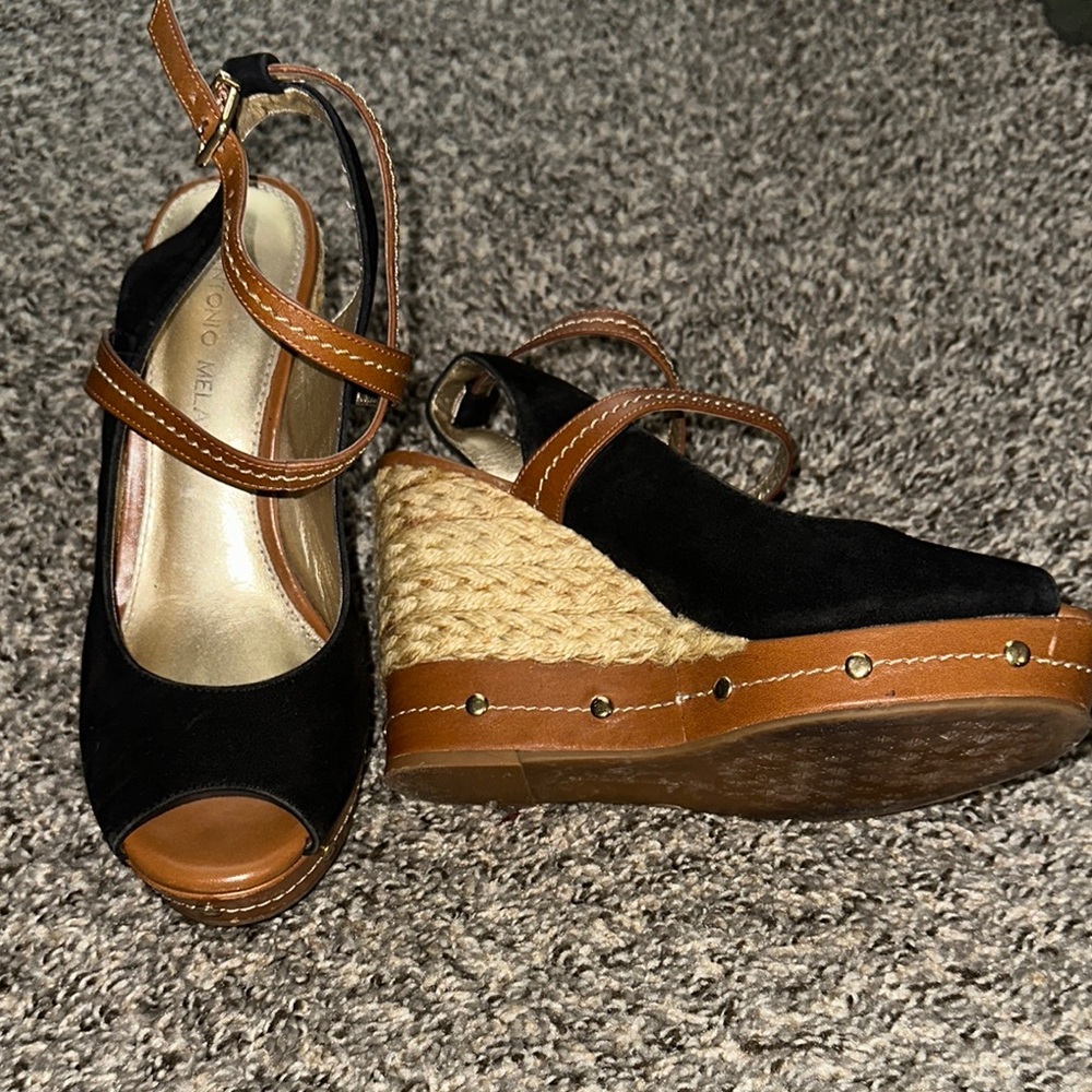 ANTONIO MELANI Black and Brown Wedge Sandals with Raffia Heel